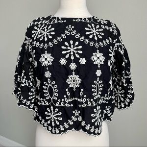 Zara Laser-cut Floral Embroidered Bell Sleeve Crop Top